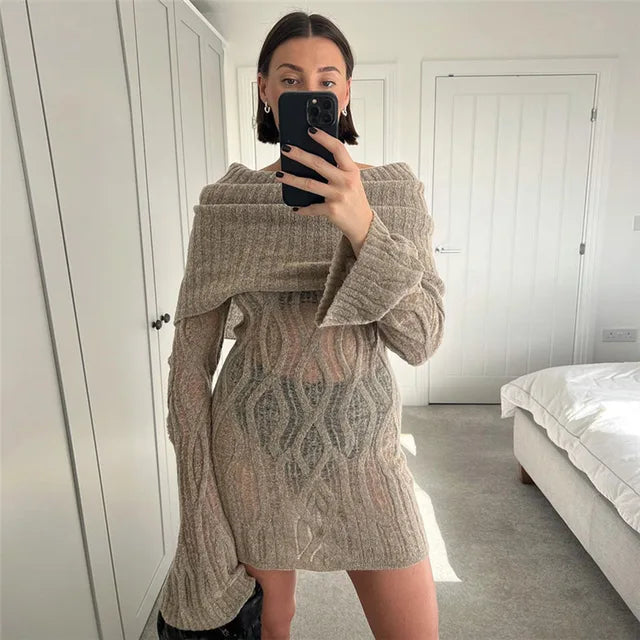 Knitted Mini Dress for Slim Rib High Waist Flare Sleeve Dresses Femme Autumn Winter Bodycon Dress Woman