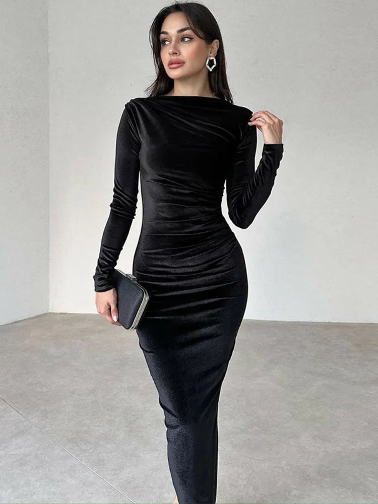 Velvet Long Sleeve Maxi Dress for Autumn Winter New O Neck Bodycon Club Party Long Dress