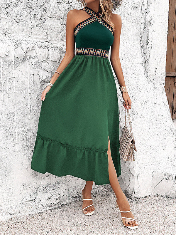 A-line High Waisted Embroidered Pleated Split-joint Split-side Halter-neck Midi Dresses