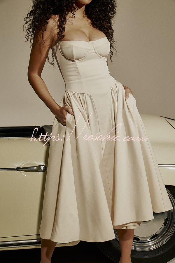 Color Slim Fit Suspender Pocket Midi Dress