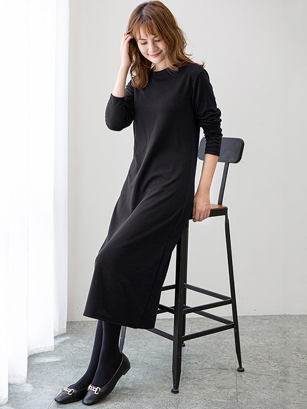 Simple Color Round-neck A-line Midi Dress