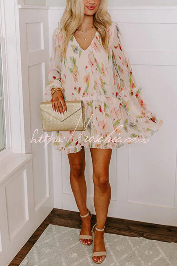 Striking Pleated Print V Neck Ruffle Paneled Long Sleeve Mini Dress