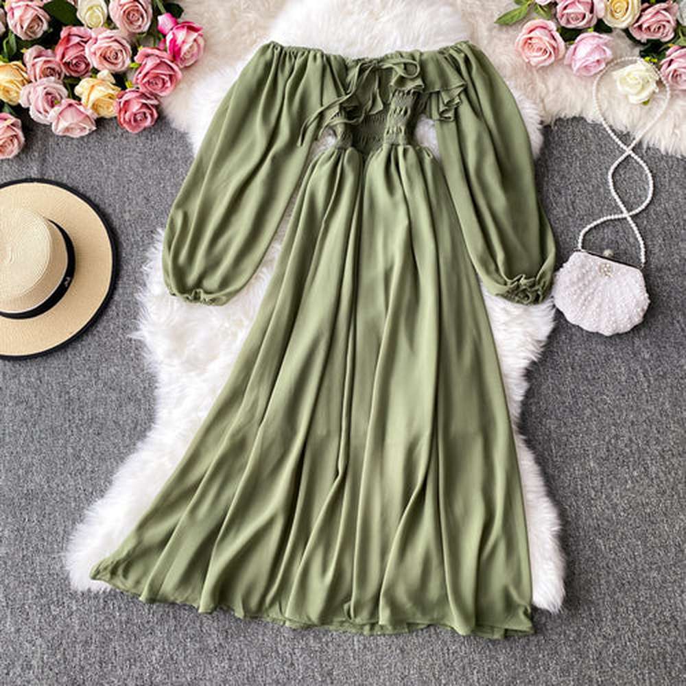 Red Off Shoulder With Ruffles Long Puff Sleeve Midi Dress Ar1019