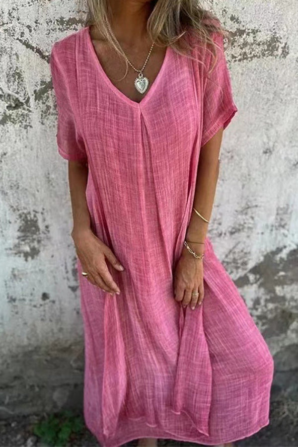 V Neck Loose Fit Cotton Linen Midi Dress