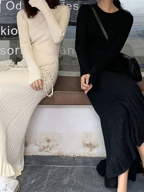 Long Sleeves Loose Ruffled Color Round-neck Midi Dresses Sweater Dresses