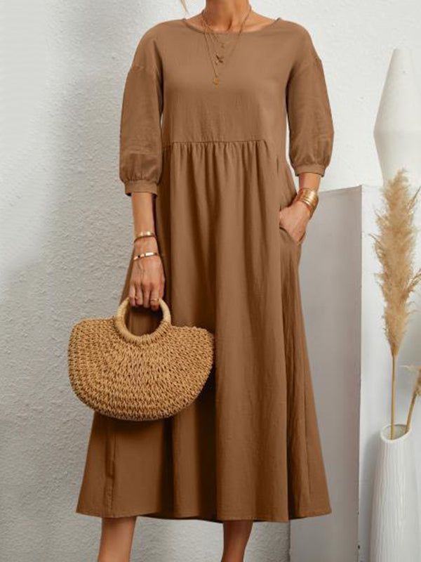 11 Colors Simple Round-neck Color Midi Dress
