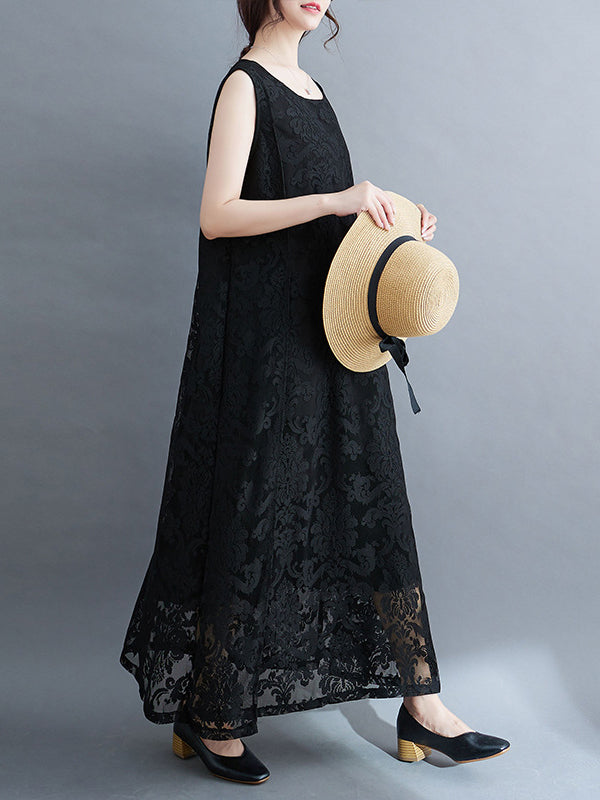A-line Loose Lacy See-through Color Split-side Round-neck Midi Dresses
