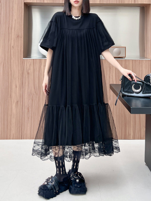 Fake Two-piece Loose Gauze Pleated Color Split-joint Tiered Round-neck Midi Dresses