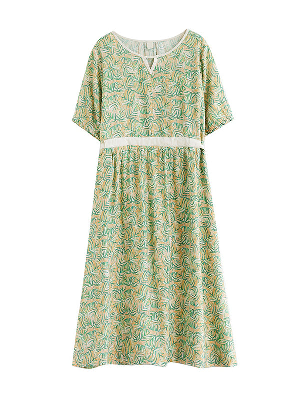 Loose Short Sleeves Hollow Pleated Printed Split-joint Round-neck Midi Dresses