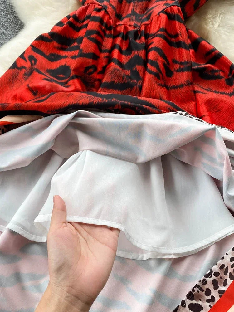 Party Dress Summer Leopard Print Three-dimensional Midi Dresses a Line High Waist Long Robe