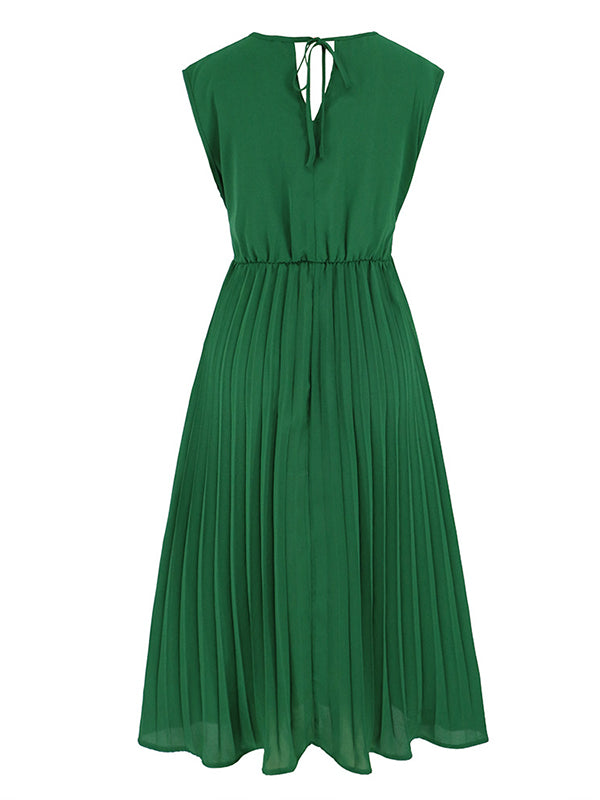 Sleeveless Pleated Color Tied Waist V-neck Midi Dresses