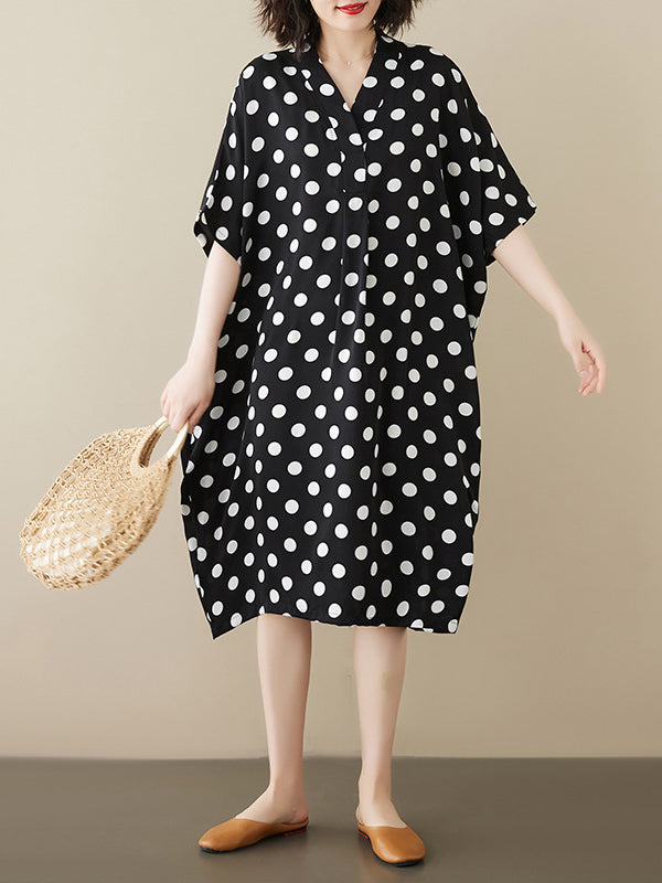 Loose Short Sleeves Polka-dot V-neck Midi Dresses