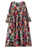 Long Sleeves Loose Flower Print Pockets Split-joint Round-neck Midi Dresses