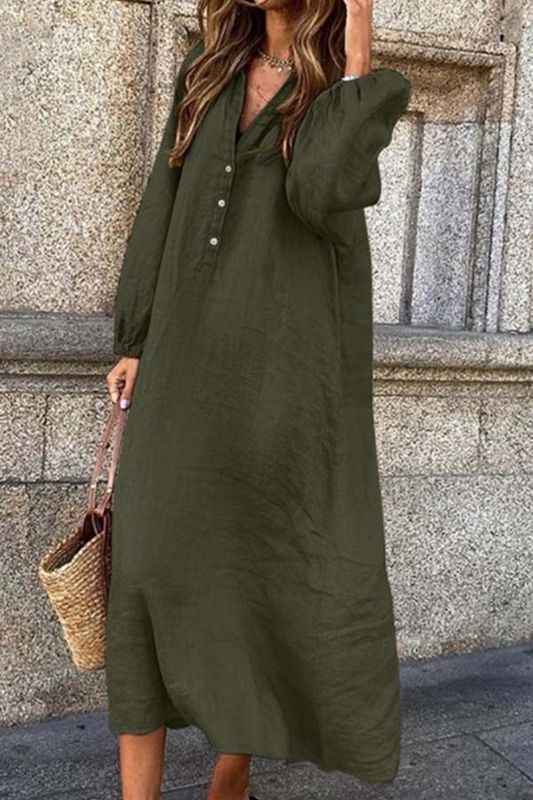 Cotton Linen Color Long-sleeved V-neck Button Long Jumpsuit