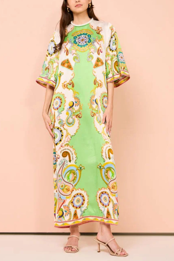 Oil-painted Art Midi Dress With Half Sleeves