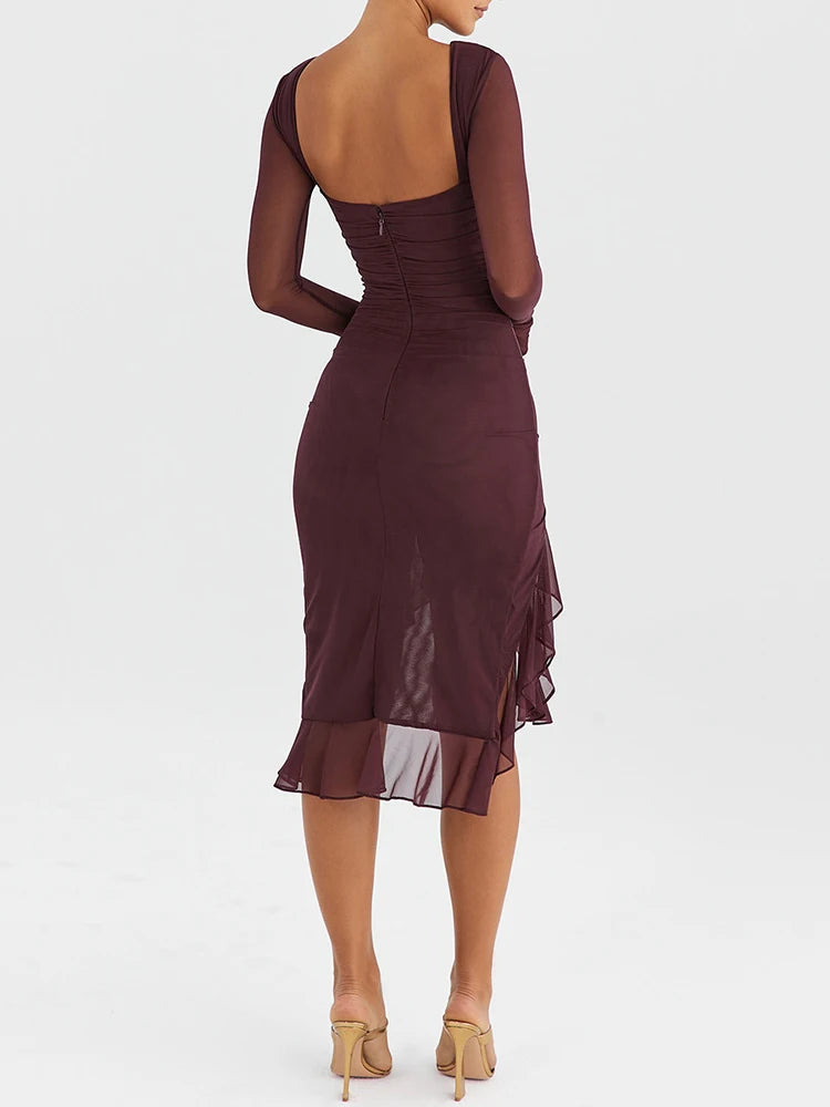 Ruffle Ruched Midi Dress for Robe Sheer Long Sleeve Backless Irregular Club Party Dress Vestido
