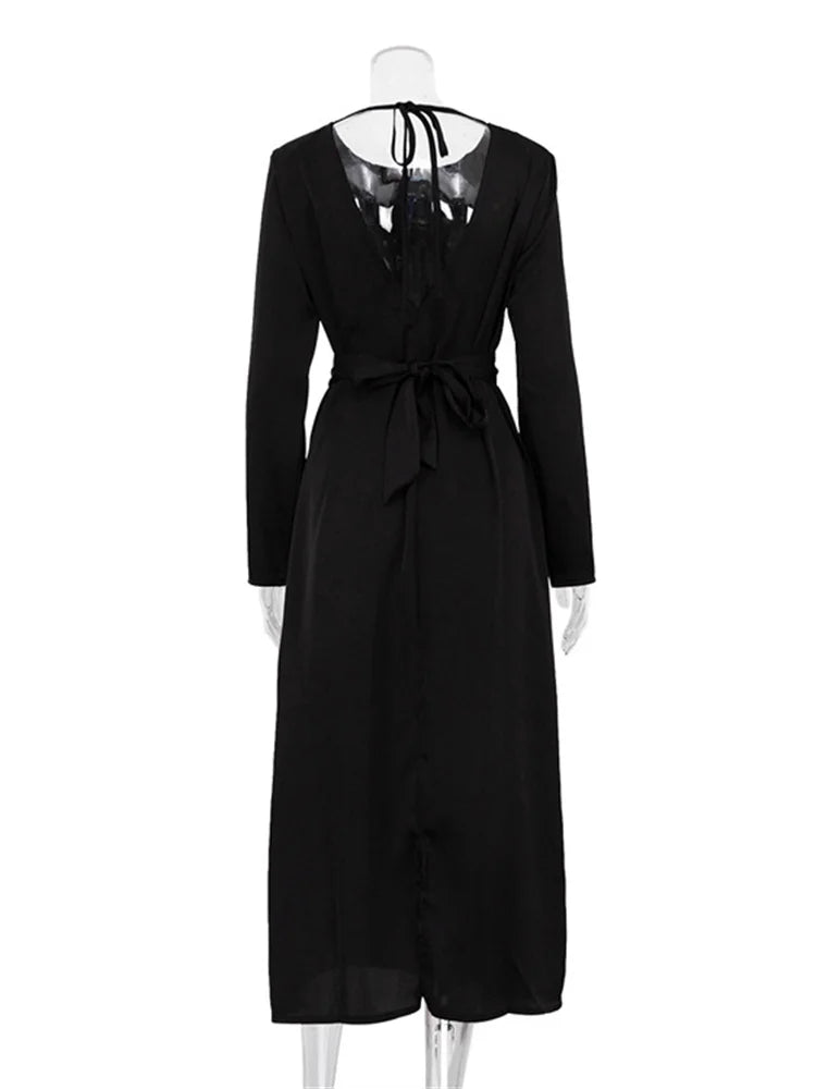 Backless Lace-up Slim Maxi Dress Female Black Autumn Bandage Long Sleeve Patchwork Long Dress