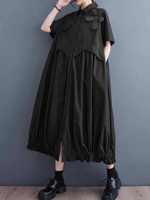Loose Short Sleeves Elasticity Pleated Split-joint Lapel Midi Dresses