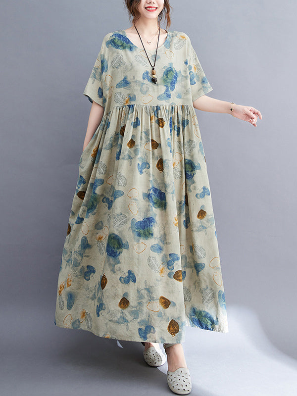 Artistic Retro Loose Printed Pleated Vacation Midi Dress