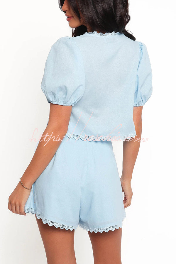 Fashionable V-neck Tie Puff Sleeve Top and Pocket Shorts Set