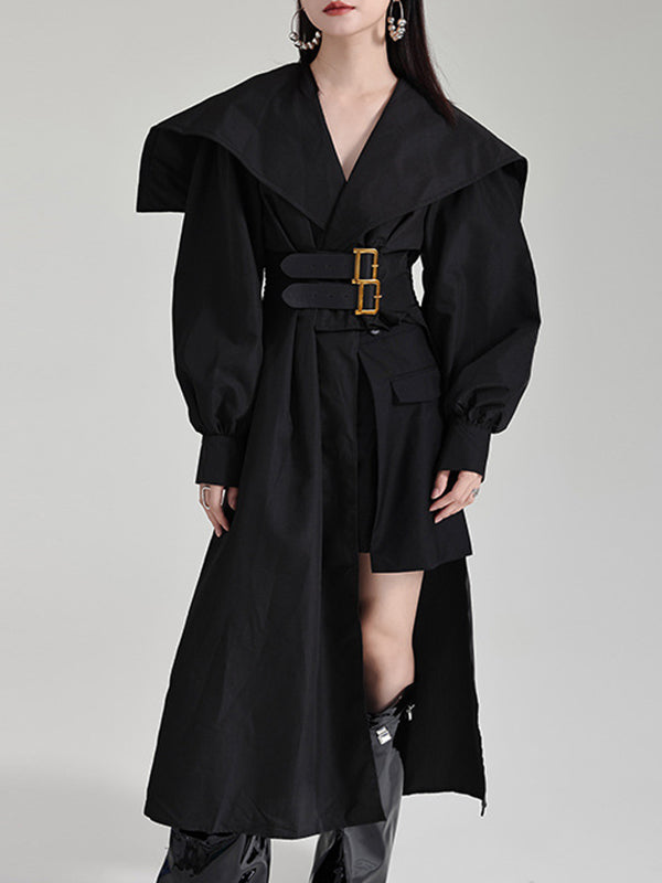 High Waisted Long Sleeves Asymmetric Belted Pleated Color Lapel Midi Dresses
