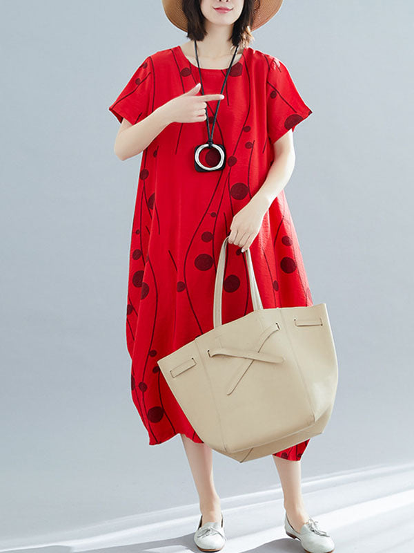 Loose Short Sleeves Printed Round-neck Midi Dresses