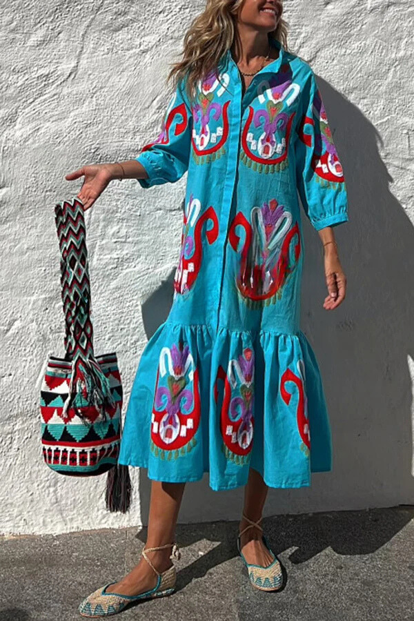 Take Me to Cabo Unique Print Button Loose Shirt Midi Dress