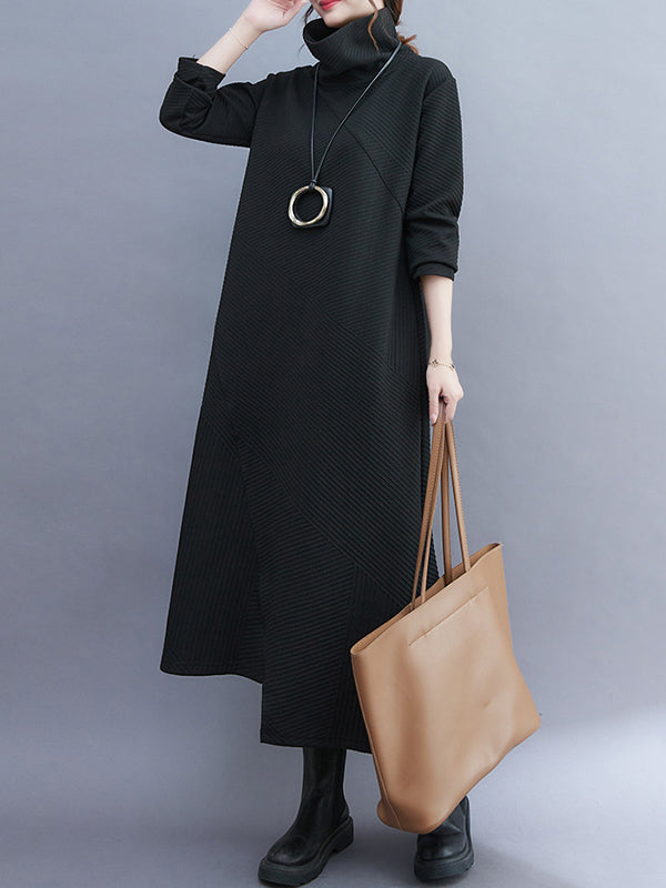 Irregularity Long Sleeves Color High-neck Midi Dresses