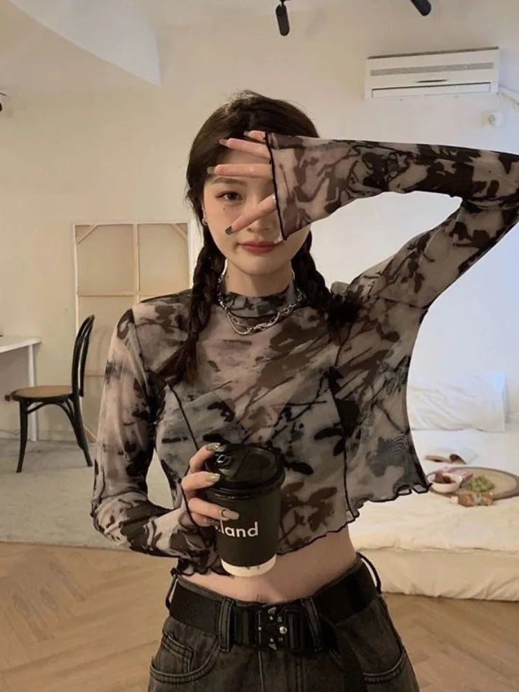 Long Sleeve T-shirts Tie-dye Printed Summer Sun-proof Cropped Tops High Street Gauze Korean Style Teens Retro
