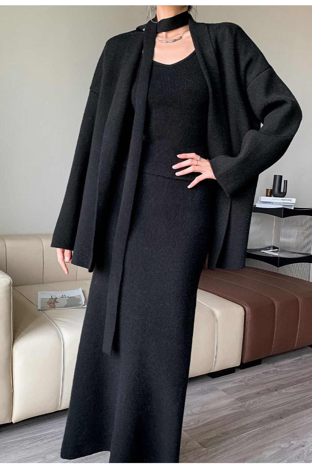 Ribbed High-end Knit Cardigan Tank Wide-leg Pants Three Piece Set