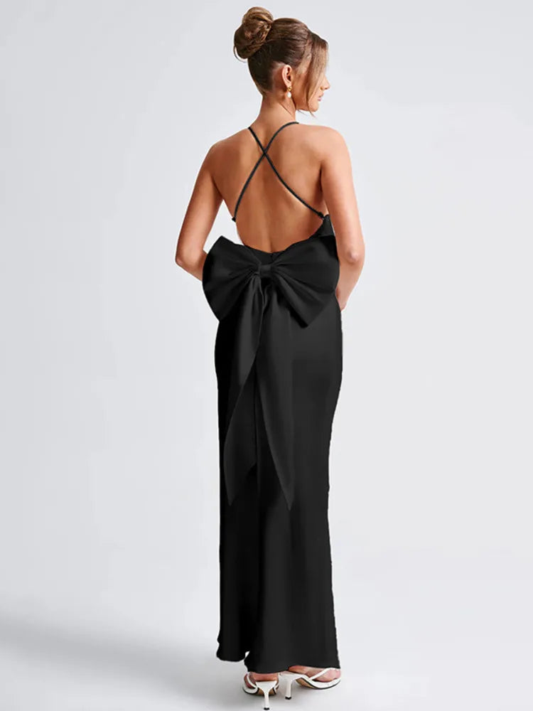 Bow Backless Maxi Dress for Satin Spaghetti Strap V Neck Sleeveless Club Party Long Dress