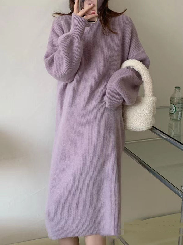 Long Sleeves Loose Color High Neck Midi Dresses Sweater Dresses