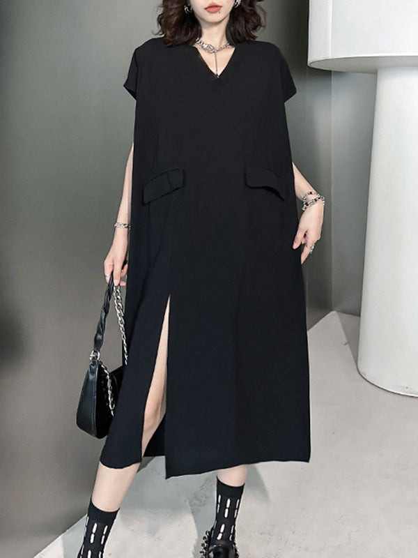 Loose Short Sleeves Asymmetric Color Split-joint Split-side V-neck Midi Dresses