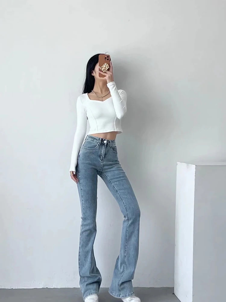 Denim Packets Jeans High Waist Flare Pants Trousers Pants Jeans Autumn Bottoms Blue