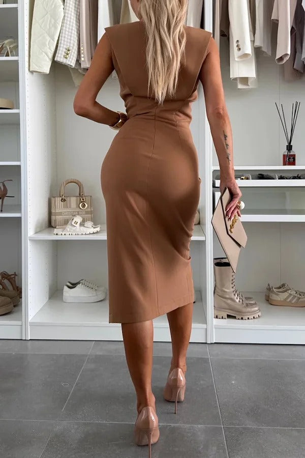 Color Round Neck Sleeveless Slim Fit Slit Midi Dress