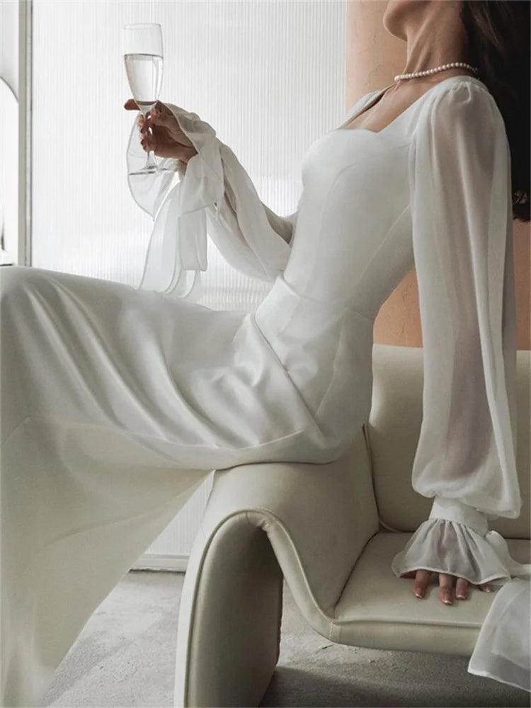 White Ruffled Mesh Maxi Dress – High Waist Patchwork Slim Party Lace-up Long Dress