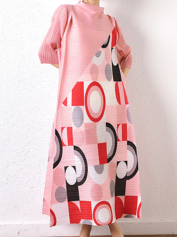 Loose Geometric Printed Pleated Midi Dress