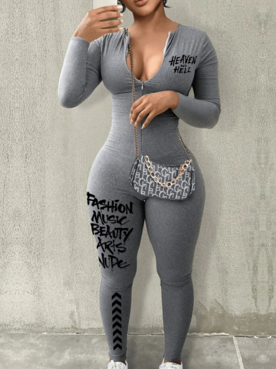 Spring Summer V-neck Long Sleeve Zipper Skinny Sportswear Jumpsuit