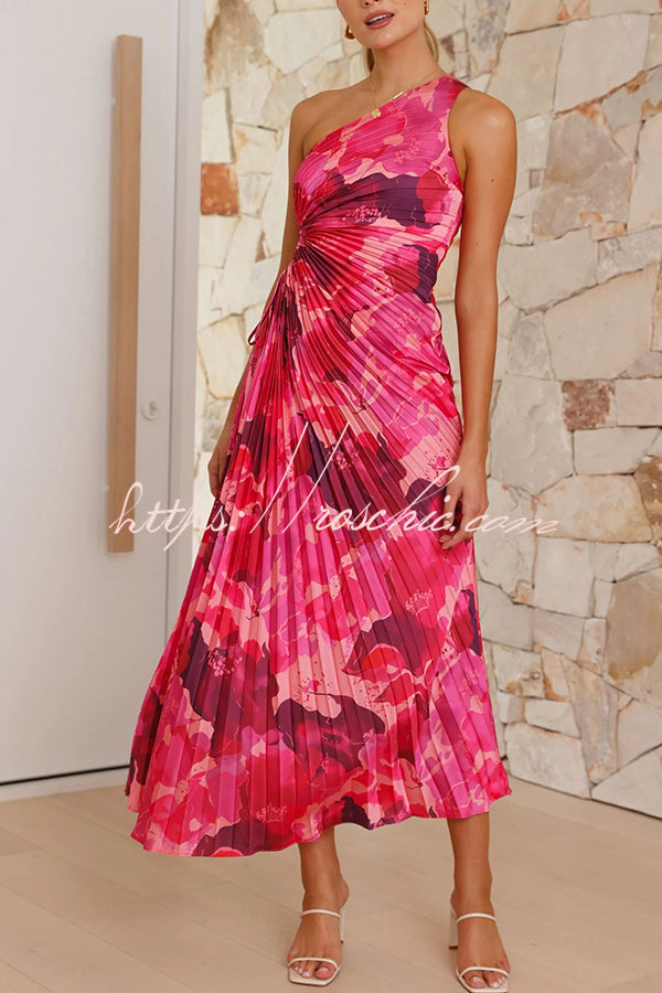 Laken Print One Shoulder Adjustable Tie Cutout Pleated Maxi Dress