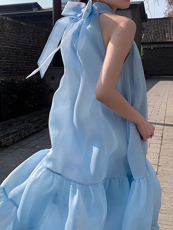 Loose Sleeveless Color Halter-neck Midi Dresses