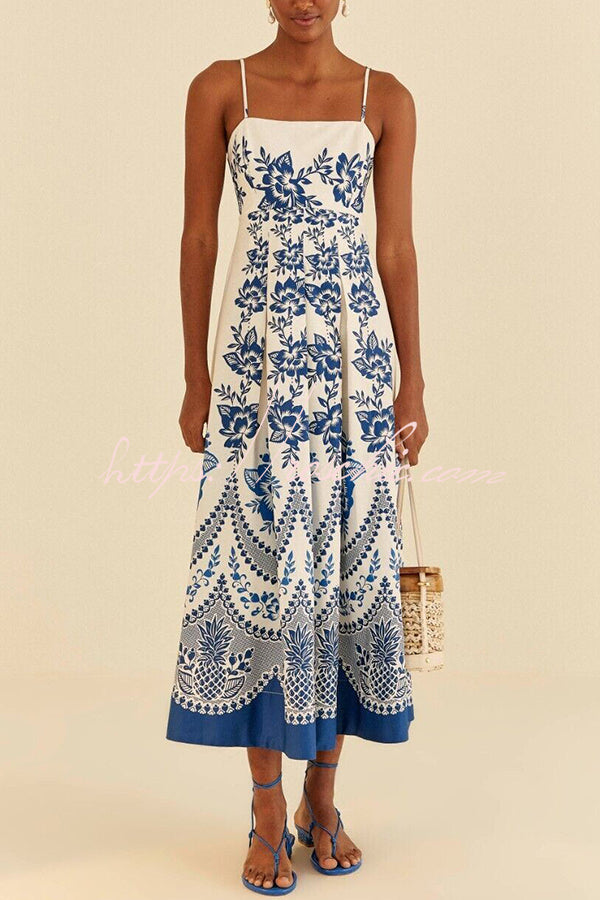 Villa Vacation Print Back Smocked Loose Midi Dress