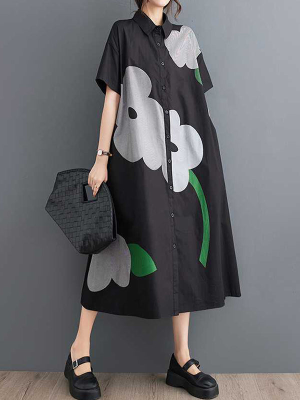 Loose Short Sleeves Buttoned Printed Lapel Collar Midi Dresses