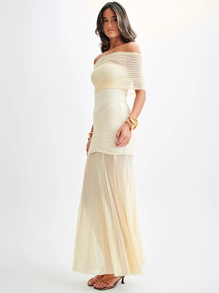 Off-shoulder Backless Maxi Dress for Gown Mesh Strapless Sleeveless Bodycon Long Dress