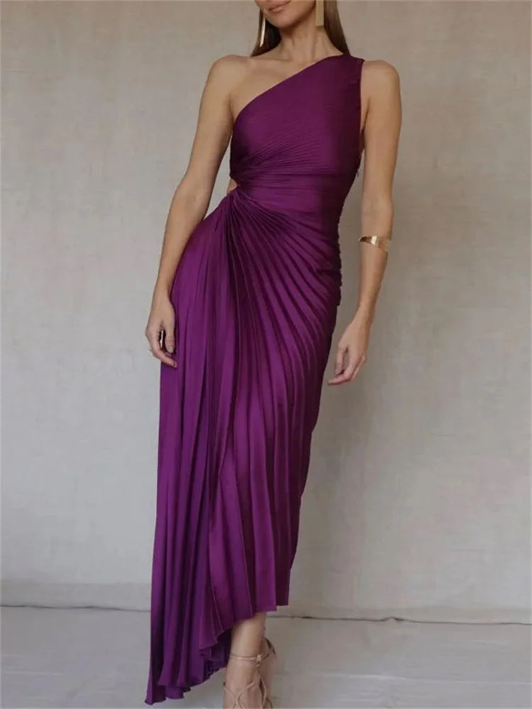 Female Dress Gown Pleated One-shoulder Sleeveless Summer Party Dress Slim for Maxi Dress