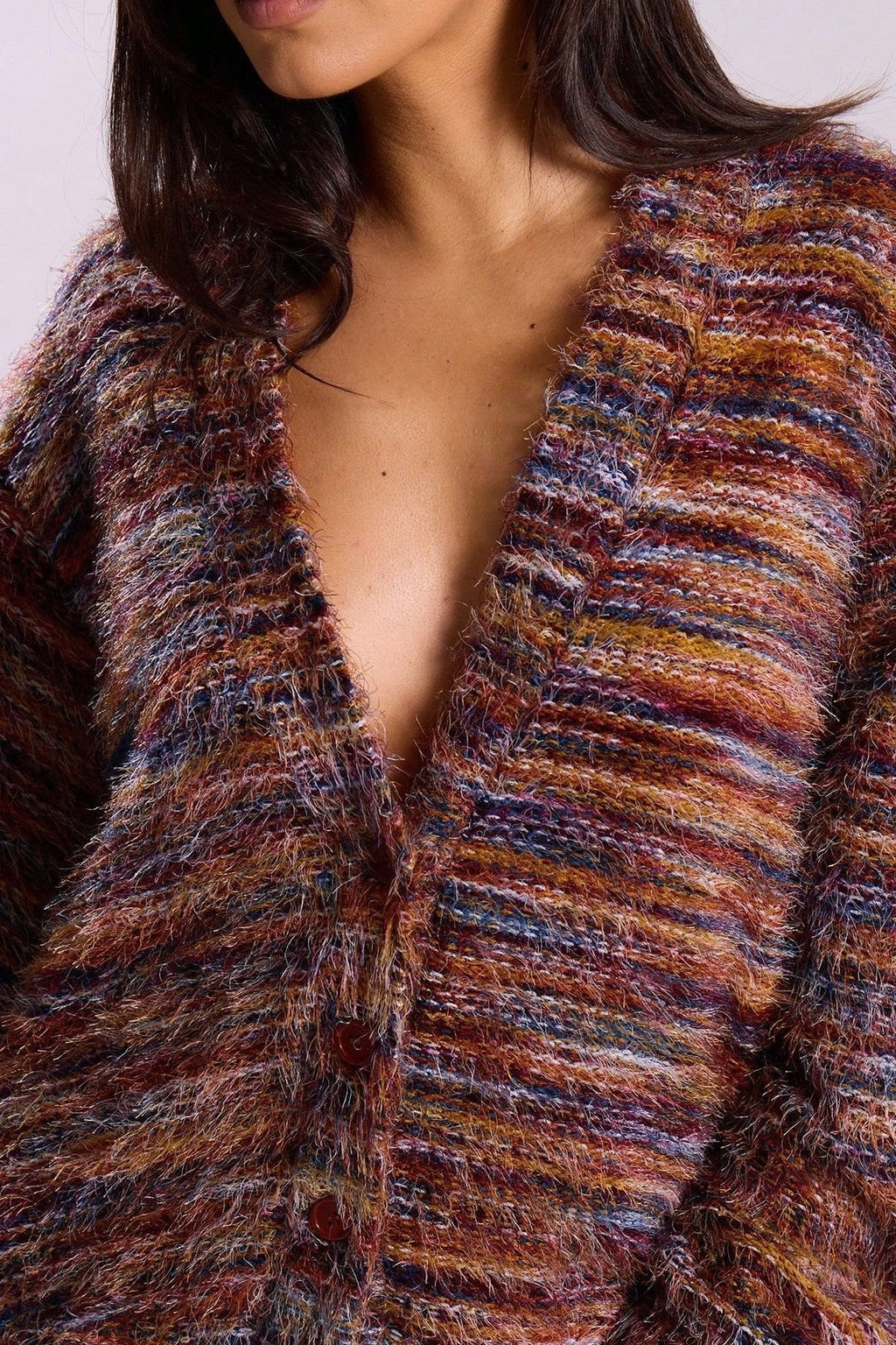 New Retro Deep V-neck Maillard Plush Long-sleeve Knit Cardigan
