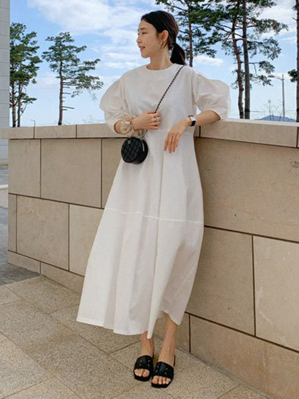 Round-neck Bishop Sleeve Loose Color Midi Dress