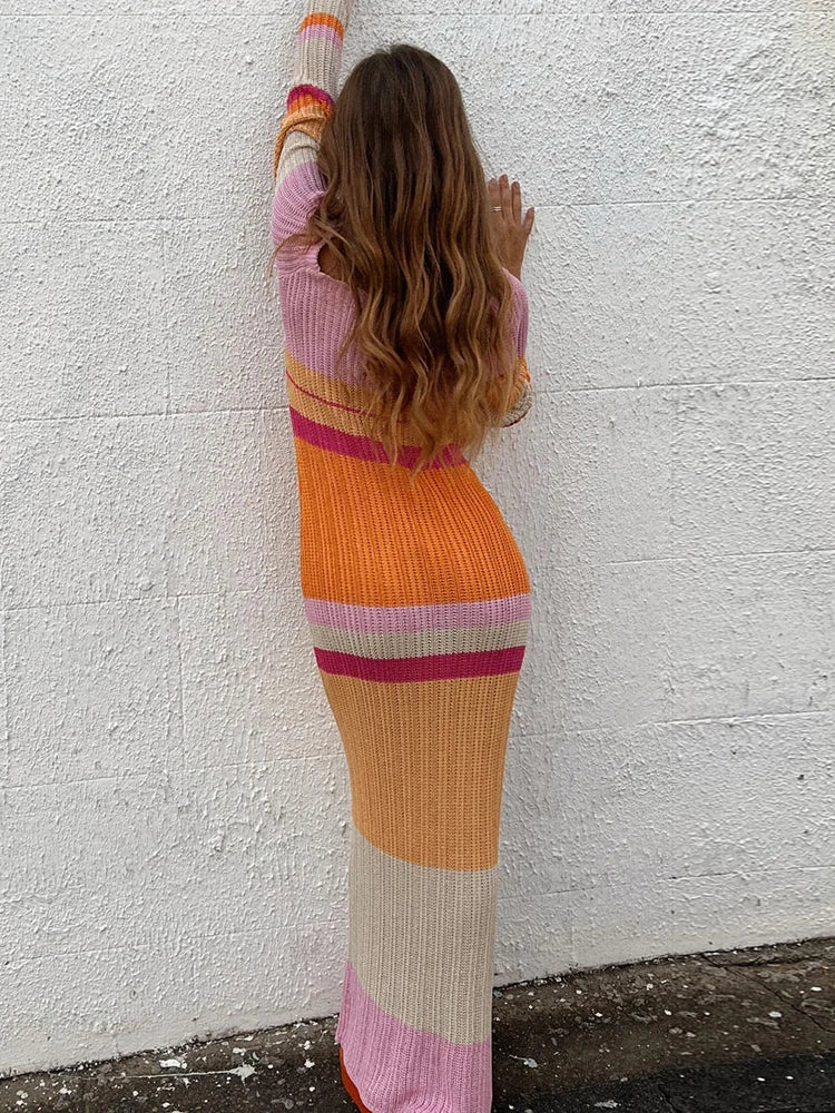 Striped Knitted Autumn Dress Long Sleeve Bodycon Maxi Dresses Femme Y2k Holiday Beach Party Vestidos