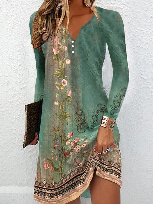 Long Sleeves Loose Printed V-neck Mini Dresses