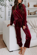 Red Velvet Round Neck Top & Drawstring Pants Longe Set