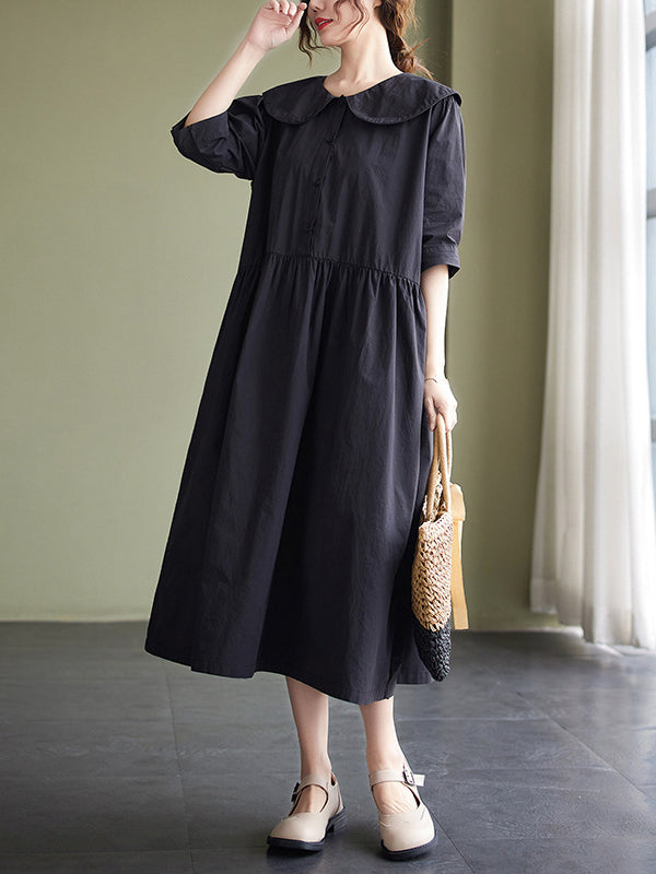 Original Loose Color Buttoned Pleated Midi Dress